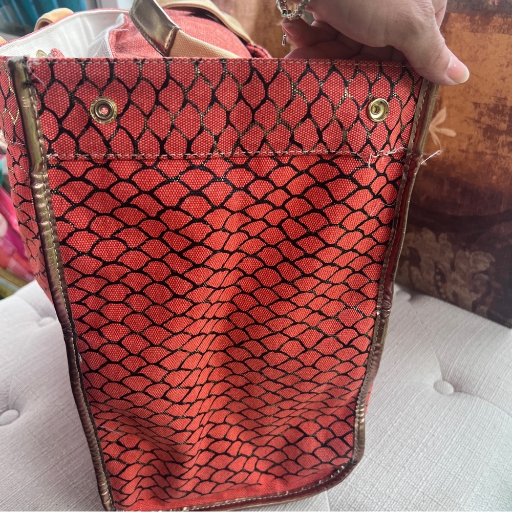 Steve Madden Red Patterned Canvas Tote with Tan Handles - Picture 2 of 11